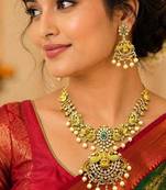 South Indian Temple Jewelry Set, Lakshmi Necklace, Peacock CZ Pearl Bridal Set