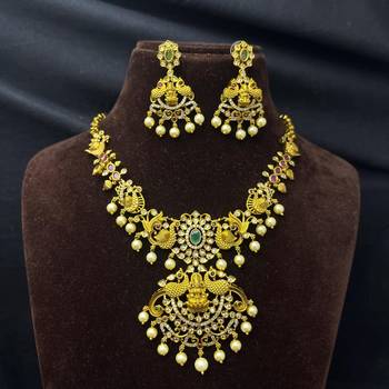 South Indian Temple Jewelry Set, Lakshmi Necklace, Peacock CZ Pearl Bridal Set 2