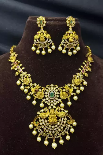 South Indian Temple Jewelry Set, Lakshmi Necklace, Peacock CZ Pearl Bridal Set