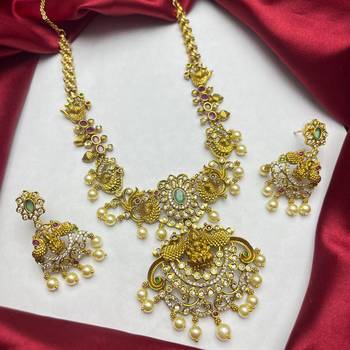 South Indian Temple Jewelry Set, Lakshmi Necklace, Peacock CZ Pearl Bridal Set 3