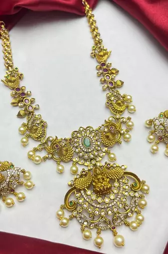 South Indian Temple Jewelry Set, Lakshmi Necklace, Peacock CZ Pearl Bridal Set