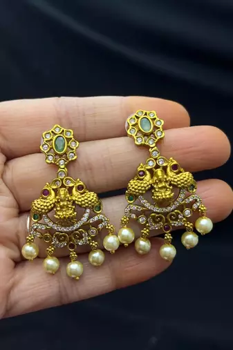 South Indian Temple Jewelry Set, Lakshmi Necklace, Peacock CZ Pearl Bridal Set