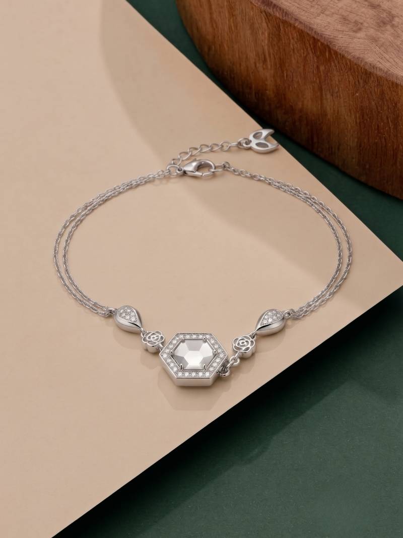 925 silver hexagonal crystal rose bracelet for women