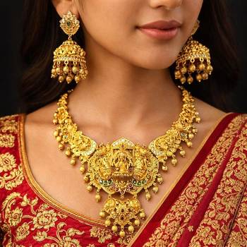 South Indian Lakshmi Temple Necklace Set with Jhumka Earrings, Antique Gold Finish Bridal Jewelry 1