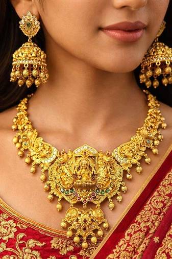 South Indian Lakshmi Temple Necklace Set with Jhumka Earrings, Antique Gold Finish Bridal Jewelry