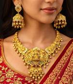 South Indian Lakshmi Temple Necklace Set with Jhumka Earrings, Antique Gold Finish Bridal Jewelry