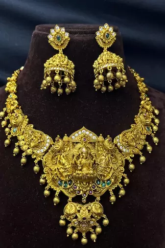 South Indian Lakshmi Temple Necklace Set with Jhumka Earrings, Antique Gold Finish Bridal Jewelry
