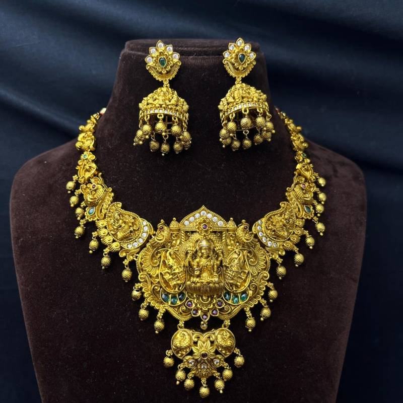 South Indian Lakshmi Temple Necklace Set with Jhumka Earrings, Antique Gold Finish Bridal Jewelry