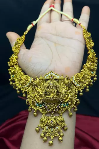 South Indian Lakshmi Temple Necklace Set with Jhumka Earrings, Antique Gold Finish Bridal Jewelry