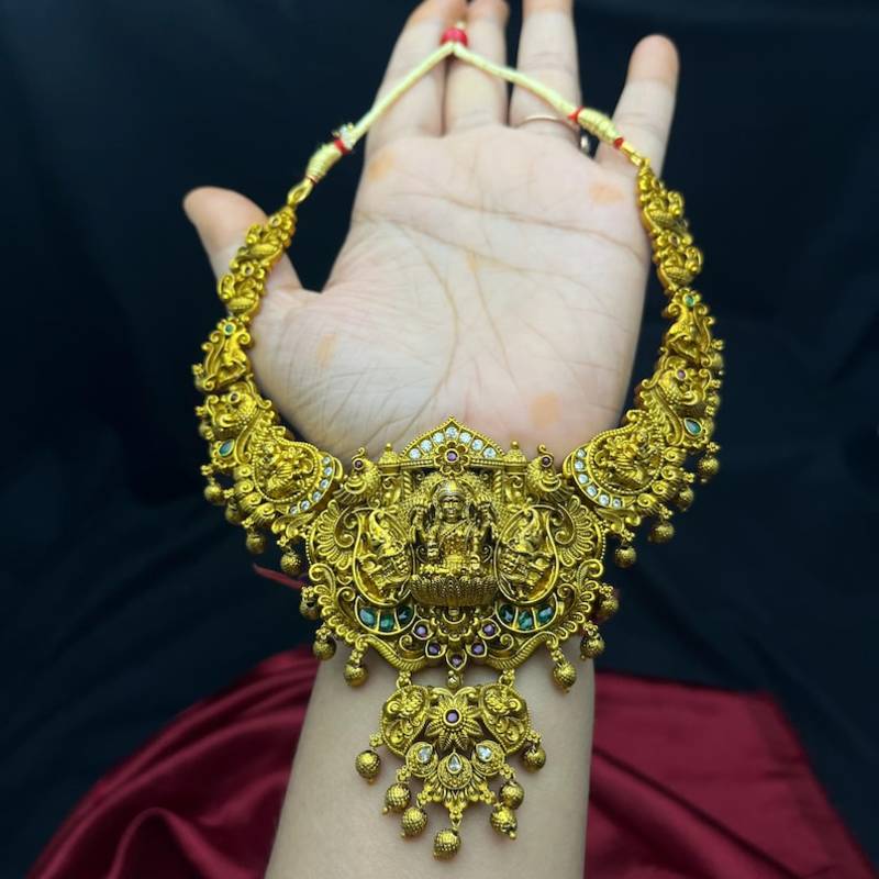 South Indian Lakshmi Temple Necklace Set with Jhumka Earrings, Antique Gold Finish Bridal Jewelry