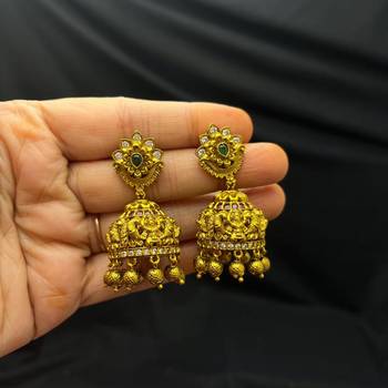 South Indian Lakshmi Temple Necklace Set with Jhumka Earrings, Antique Gold Finish Bridal Jewelry 4