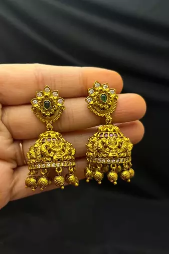 South Indian Lakshmi Temple Necklace Set with Jhumka Earrings, Antique Gold Finish Bridal Jewelry