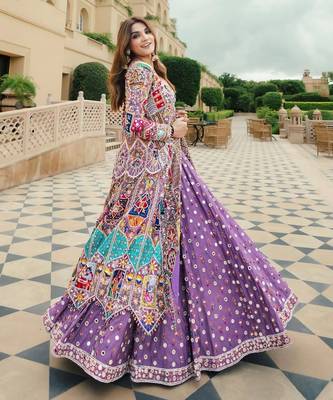 purple digital print mirror work navratri cotton chaniya choli 1