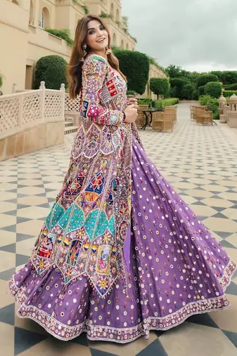 Purple Navratri Special Digital Print Mirror Work Chaniya Choli