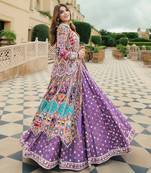 purple digital print mirror work navratri cotton chaniya choli