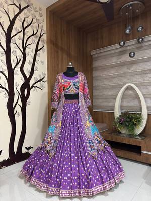 purple digital print mirror work navratri cotton chaniya choli 2
