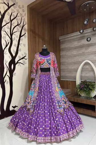 Purple Navratri Special Digital Print Mirror Work Chaniya Choli