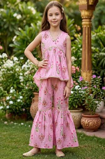 Pink and green printed cotton festive wear kurta set