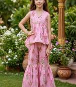 Pink and green printed cotton festive wear kurta set