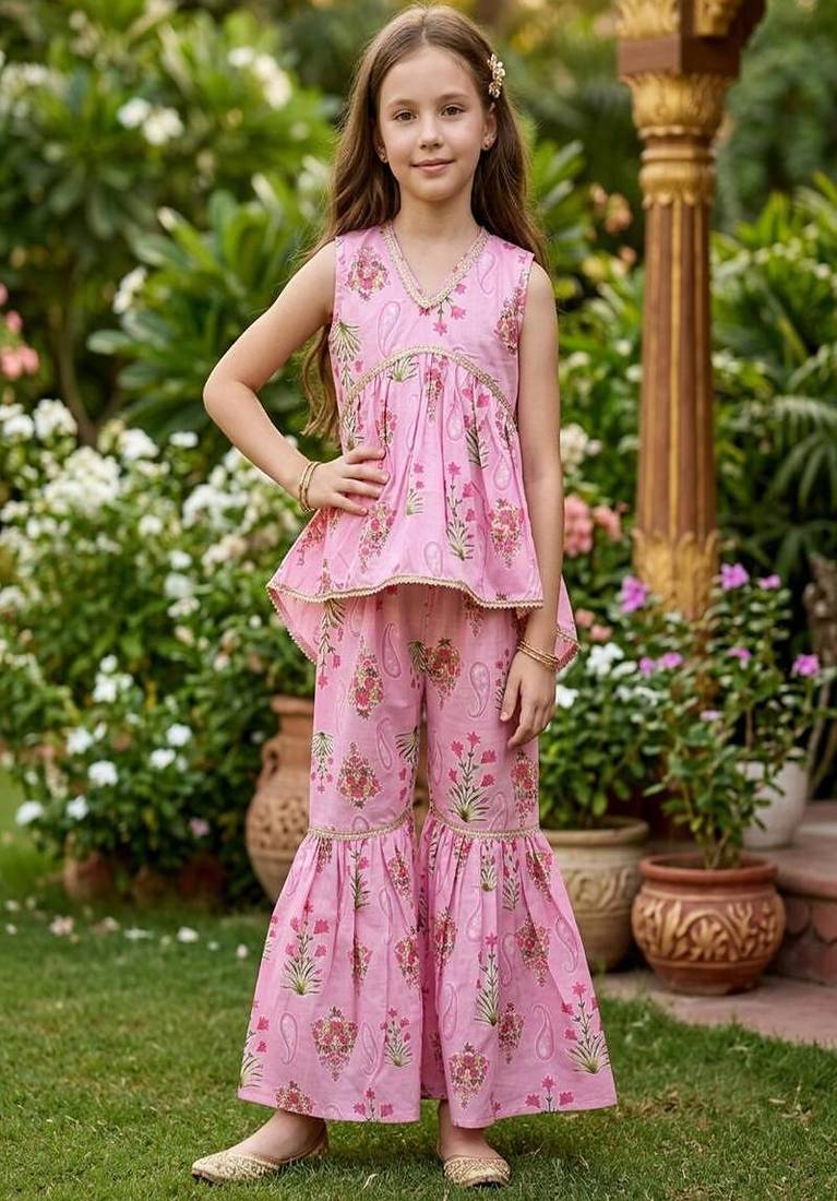 Pink and green printed cotton festive wear kurta set