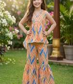 Orange and multi printed cotton festive wear kurta set