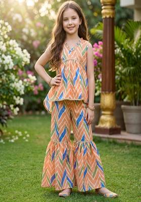 Orange and multi printed cotton festive wear kurta set 2