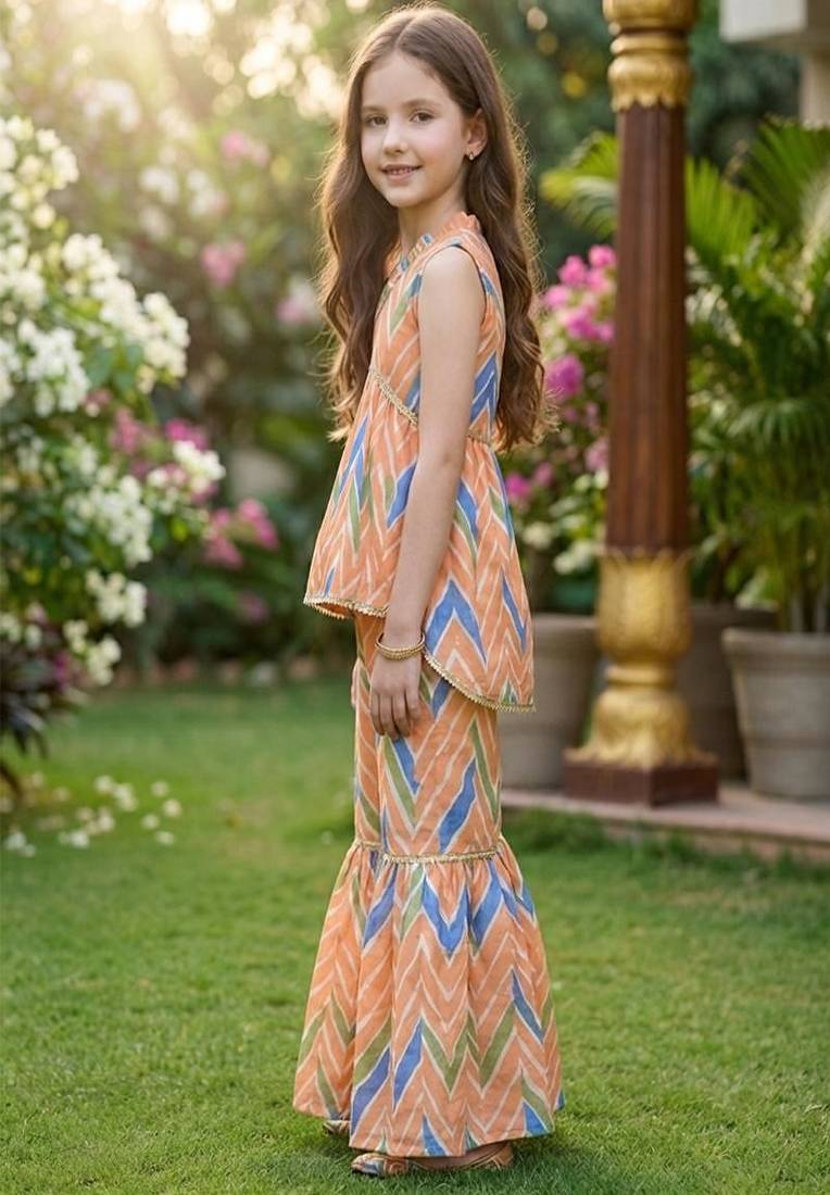 Orange and multi printed cotton festive wear kurta set