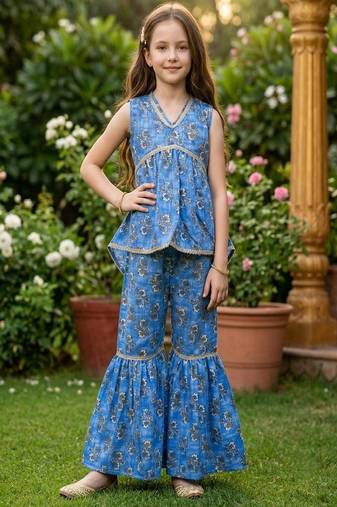 Blue and white printed cotton festive wear kurta set