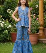 Blue and white printed cotton festive wear kurta set