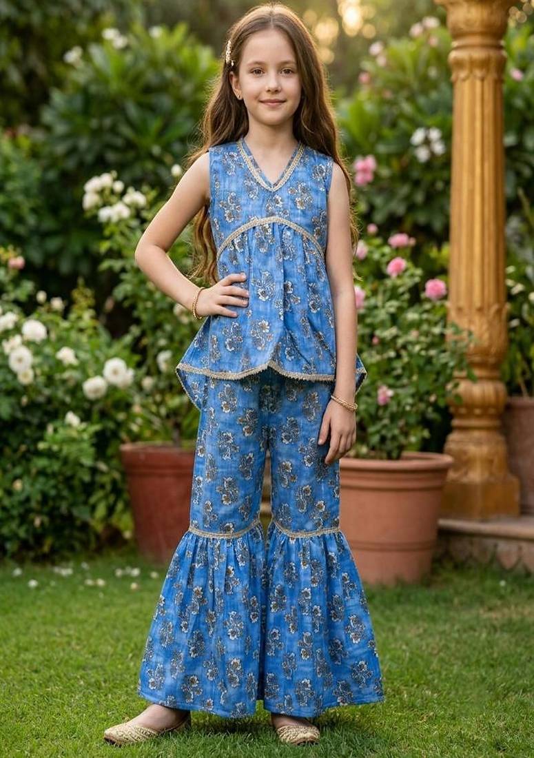 Blue and white printed cotton festive wear kurta set