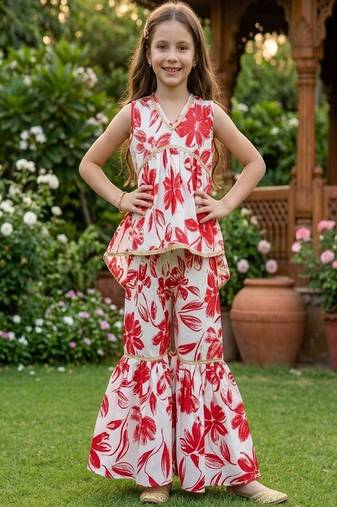 White and red printed cotton festive wear kurta set