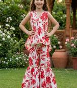 White and red printed cotton festive wear kurta set