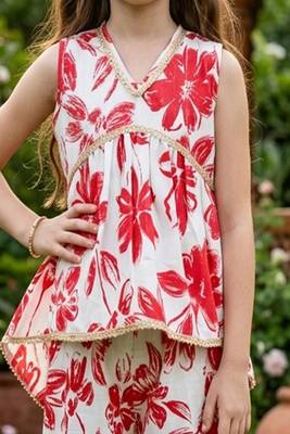 White and red printed cotton festive wear kurta set 5
