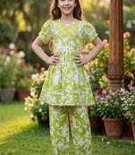 Green and white printed cotton festive wear kurta set