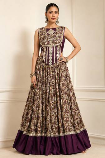 Purple Navratri Festive Chanderi Lehenga with Real Mirror Work