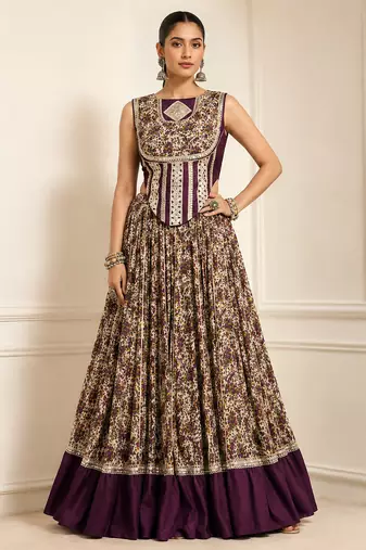 Purple Navratri Festive Chanderi Lehenga with Real Mirror Work