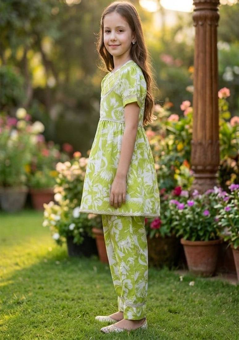 Green and white printed cotton festive wear kurta set