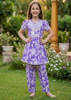 Purple and white printed cotton festive wear kurta set 1