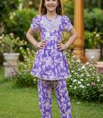 Purple and white printed cotton festive wear kurta set