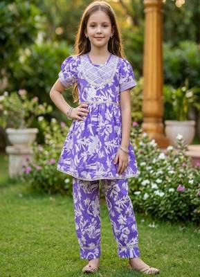 Purple and white printed cotton festive wear kurta set 2