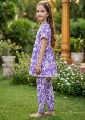 Purple and white printed cotton festive wear kurta set 3