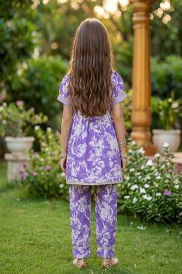 Purple and white printed cotton festive wear kurta set 4