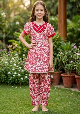 White and red printed cotton festive wear kurta set 1