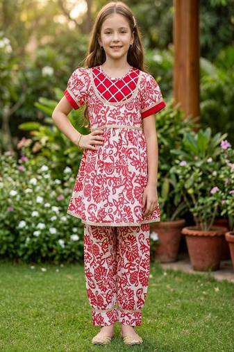 White and red printed cotton festive wear kurta set