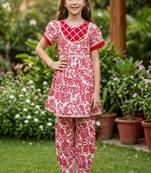 White and red printed cotton festive wear kurta set
