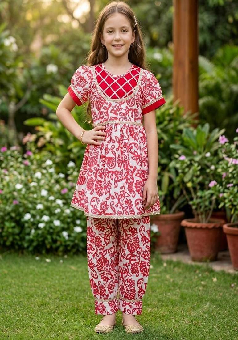 White and red printed cotton festive wear kurta set