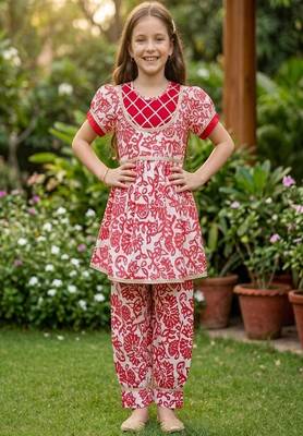 White and red printed cotton festive wear kurta set 2