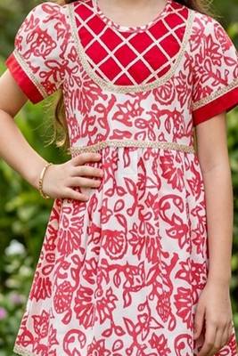White and red printed cotton festive wear kurta set 5