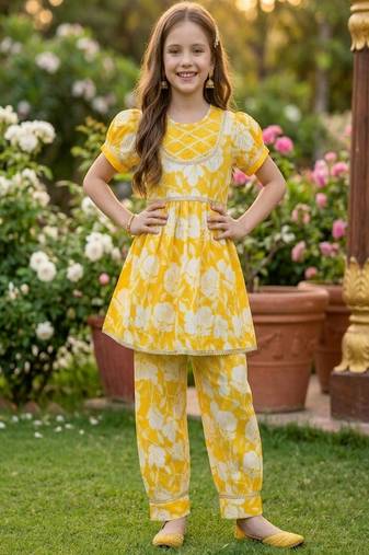 Yellow and white printed cotton festive wear kurta set