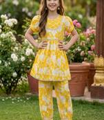 Yellow and white printed cotton festive wear kurta set